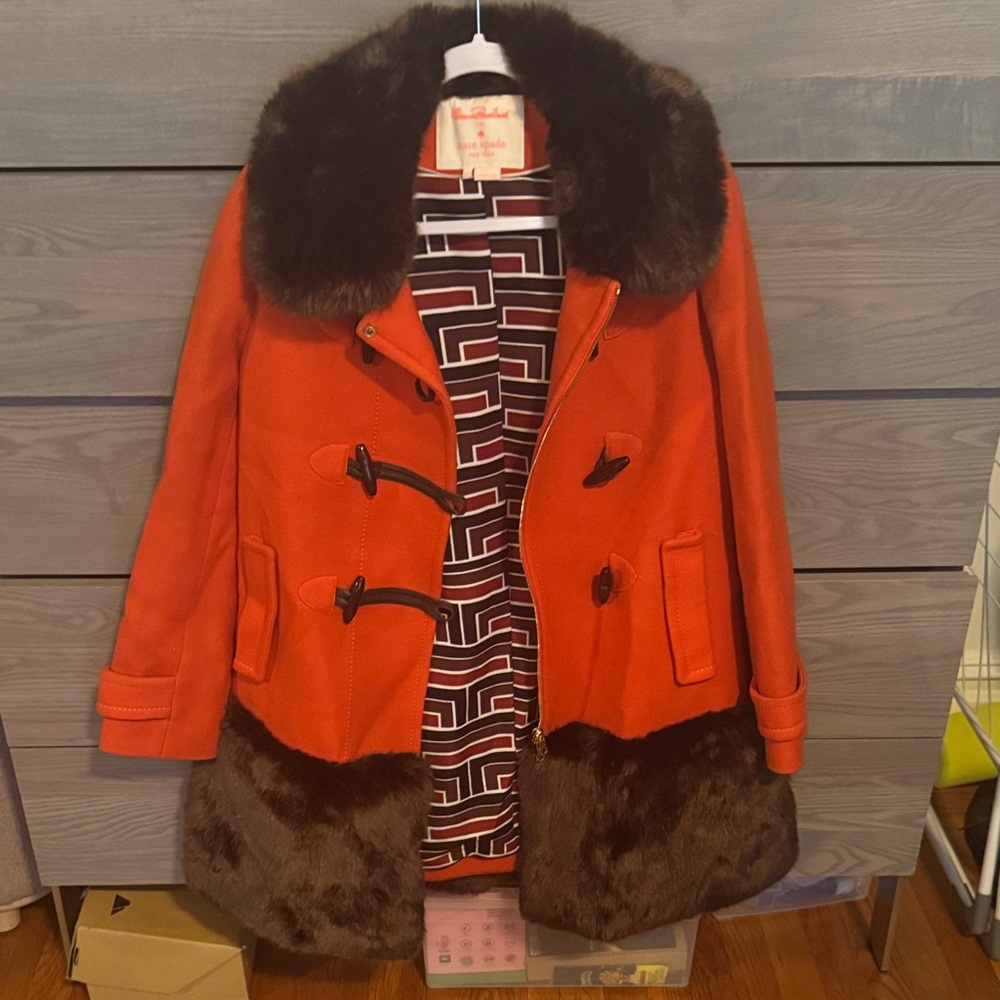 Kate Spade Orange Toggle Coat with Faux Fur Trim